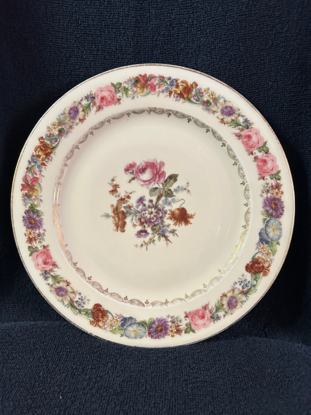 Beyer & Bock Floral Dinner Plate with Gold Trim in Pink and Multicolor
